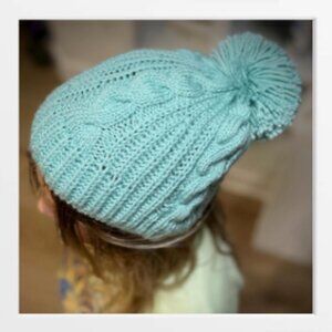Hand-Knitted Winter Hat with Pom-Pom – Soft Blue Cable Beanie